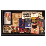 #477 Military Related Pin lot incl. Tank Battalion Officer Chemical Division Pins, Blood Drop Pins