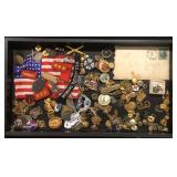 #481 Fun Pin lot incl. Military Service Pins, Japanese Rank Patches, US Flag, Chinese Hat Badge, etc