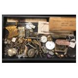 #485 Misc. Smalls lot #1 incl. Tiffany Sterling Tongs, Small fob knife, Pocket Watch Faces, Jewelry,