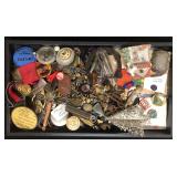 #487 Misc. Smalls lot #3 incl. Harvard Sterling Pin, Gorham Sterling Christmas Tree, Compass, etc.