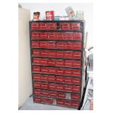 Large parts bin cabinet w/ red drawers full of nuts, bolts