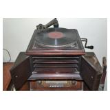 antique record cabinet w/ various records