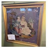 Lot #32 Antique Framed Needlepoint Art & Stand Lot #32 Antique Framed Needlepoint Art & Stand