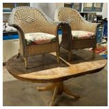 Lot #103 Round Oak Table & Wicker Chairs
