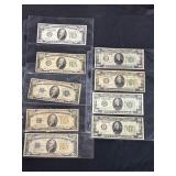 #3167 Group of $20 Green Stamp Federal Reserve Notes, & $10, Gold, Blue and Green Stamped Bills #3167 Group of $20 Green Stamp Federal Reserve Notes, & $10, Gold, Blue and Green Stamped Bills