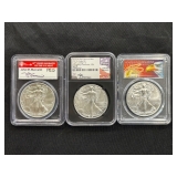 #3140 (3) Graded American eagles autographed by engravers including (2)John M. Mercanti & Thomas S. #3140 (3) Graded American eagles autographed by engravers including (2)John M. Mercanti & Thomas S.