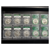 #3147 (10) Graded American eagle silver dollars, first strike Philadelphia, Mint sealed box #3147 (10) Graded American eagle silver dollars, first strike Philadelphia, Mint sealed box