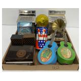 #162 Novelty Radio Lot Incl. Groovy guitars, Tiny Record Player with Speakers, Peace sign..