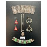 #1206 Sterling Silver Lot of 7 Incl. 2 Pairs of Enamel Inlay Earrings, Chain w/ Pendant