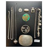#1207 Sterling Silver Lot of 11 Incl.  Puffy Heart Necklace w/ Chain, Aztec Calander Belt Buckle,R