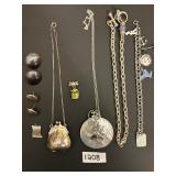 #1208  Sterling Silver Lot of 10 Incl. 2 Pairs of Earrings, Bill of Rights Necklace Charm, Necklace 