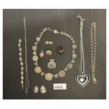 #1212 Sterling Silver Lot of 10 Incl. Heart Necklace, 2 Charms, 3 Misc, Pendant, Cat Necklace & Brac