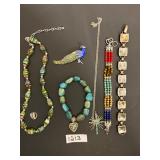 #1213 Sterling Silver lot of 7 Incl. 2 Bracelet’s, Enamel Peacock Broach, Charm , Cross Necklace, Mi