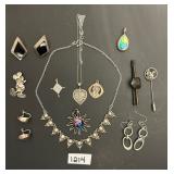 #1214 Lot of 15 Sterling Silver Incl. Mickey Mouse Pendant, 3 Pairs of Earrings, Tie Clip, Pin, 4 Pe