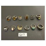 #1217  Lot of 12 Sterling Silver Rings Incl. Cameo & Gems