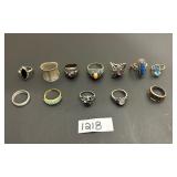 #1218 Lot of 12 Sterling Silver Rings Incl. Gems & Stones