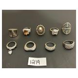 #1219 Lot of 10 Sterling Silver Rings Incl. Gems & Stones