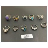 #1221 Lot of 10 Sterling Silver Rings Incl. Gems & Stones