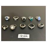 #1222 Lot of 10 Sterling Silver Rings Incl. Gems & Stones