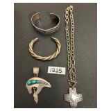 #1225 Lot of 4 - Sterling Silver Bear Pendant w/ Turquoise Stones and Feather’s, 2 bracelets & Silve