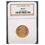 #1261 1641-A France Louis XIII Gold 1/2 Louis D'or MS-64 NGC Weight: 3.23G -3.41G