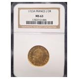 #1262 1723-A France 1 Louis Gold Louis D'or (Le Chameau type) MS-63 NGC Weight: 6.52g