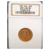 #1274 1905-F German-Wurttemberg Gold 20 Mark MS-65. NGC Weight: 7.965G (0.2305oz)