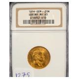 #1275 1914 Germany/Saxony Gold 20 Mark MS-65 Weight: 7.965F