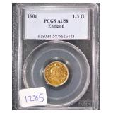 #1285 1806 England Gold 1/3 Guinea AU-58 PCGS Weight: 2.7834g (AGW 0.0821oz)