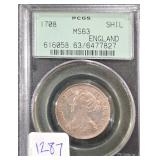 #1287 1708 English Queen Anne Silver Shilling SCGS MS63 Weight: 6.0G