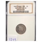 #1293 1883 Essai France Silver Pattern 2 Centimes MS-66 NGC Weight: 2.0G