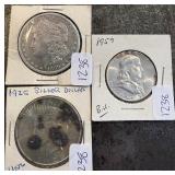 #1238 Lot of 3 incl. Morgan Silver Dollar (1880), Peace Silver Dollar (1925), and Franklin Half Doll