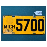 #1600 1912 Porcelain Michigan License Plate #1600 1912 Porcelain Michigan License Plate