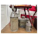 #1762 Antique Tin lot of 3 incl. punched tin lanterns & Dinner Pail #1762 Antique Tin lot of 3 incl. punched tin lanterns & Dinner Pail