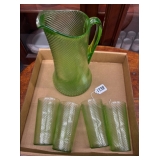#1738 Vintage Depression Green Spiral Pattern Pitcher with Glasses #1738 Vintage Depression Green Spiral Pattern Pitcher with Glasses