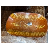 #1739 Redware Stoneware loaf dish with mustard decorations #1739 Redware Stoneware loaf dish with mustard decorations