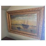 Great Oil on Canvas Ship in Bay