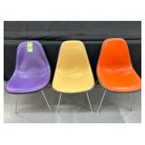 #800 Lot of 3 Herman Miller/ Eames Side Shell Chairs (Vinyl/ Fiberglass) Incl.  Purple, Cream & Oran