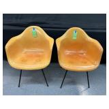 #820 Lot of 2 Herman Miller/Eames Faded Orange Early Fiberglass Arm Shell Chairs  with X Base 