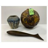 #836 Lot of 3 Mid Century Textured Organic Vessels & Vintage Fish 