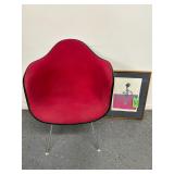 #869 Herman Miller /Eames Red Fabric Upholstered Blue Fiberglass Shell Chair &  Modern Signed Print 