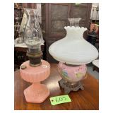 #603 Early Century Hand Painted Hurricane Table Lamp & Aladdin Rose  Corinthian Table Lamp