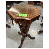 #625 Antique Victorian Walnut Octagonal Sewing Table with Trumpet Base