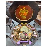 #625 Antique Victorian Walnut Octagonal Sewing Table with Trumpet Base