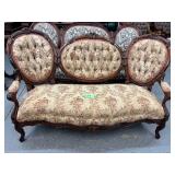 #629 Victorian Mohogany Carved Settee with Floral Upholster Pattern #1