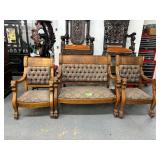 #631(3) Pc Set of Victorian Oak Furniture with Carved Lion Heads- (2) Armchairs