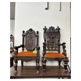 #632 King and Queen Walnut Carved Throne Chairs