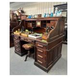 #641 Antique Roll Top Desk w/ S Curve Tambour Top, 9 Drawers, Calendar, &  3 Legged Stool