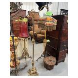 #651 Antique Victorian style Bridge lamp with hand painted scenic shade