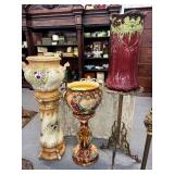 #654 Large Jardinière on Pedestal Lot incl. English Floral, Majolica, Umbrella,  Cast Brass Stand, a